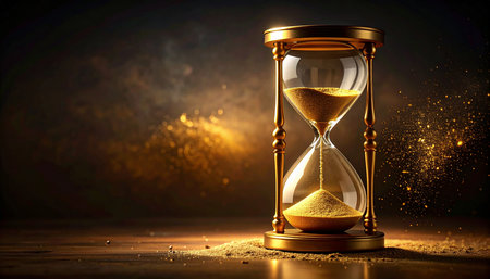 Hourglass with sand flowing through the sand. Time passing concept.の素材