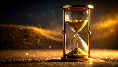 Hourglass with golden sand on dark background. Time passing concept.の素材
