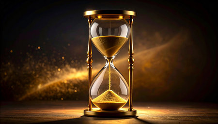 Hourglass on wooden table. Time concept. 3D Renderingの素材
