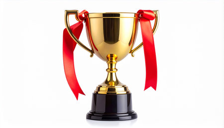 Trophy cup with red ribbon isolated on white background. 3d illustrationの素材