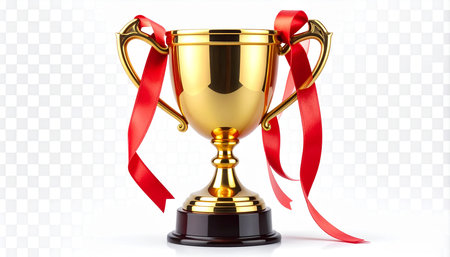 Realistic Golden Award Trophy with Red Ribbon Isolated on Transparent Background. Vector Illustrationの素材