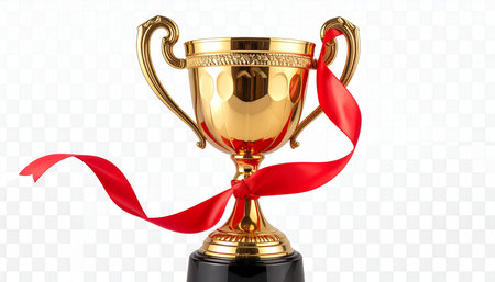 Realistic golden trophy with red ribbon isolated on transparent background. Vector illustrationの素材