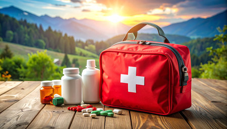 First aid kit and pills on wooden table in front of mountains.の素材