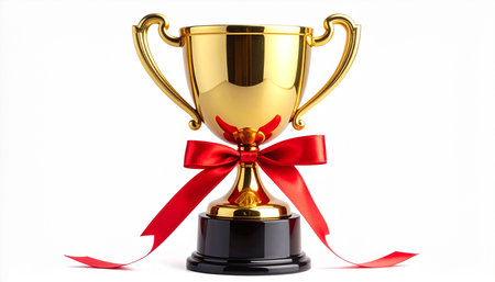 Trophy with red ribbon isolated on white background. 3D illustration.の素材