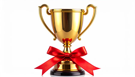 Golden trophy with red ribbon isolated on white background. 3d illustrationの素材