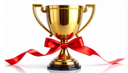 Golden trophy with red ribbon isolated on white background. 3D illustration.の素材