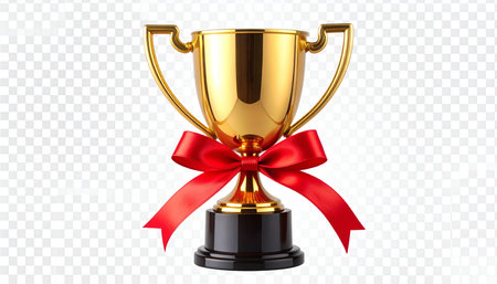 Realistic golden trophy cup with red ribbon bow isolated on transparent background. Vector illustration.の素材