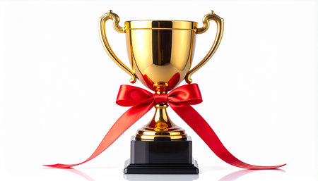 Trophy with red ribbon isolated on white background. 3D illustration.の素材