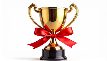 Golden trophy with red ribbon isolated on white background. 3d illustrationの素材