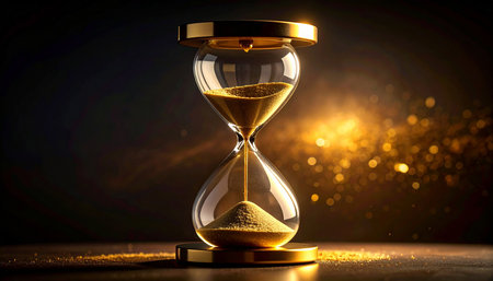 Hourglass with golden sand on black background. Time passing concept.の素材