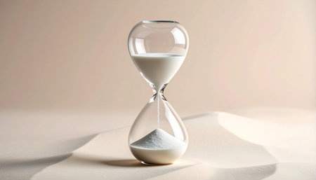 Hourglass with sand on light background, closeup. Time management conceptの素材