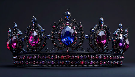 low-angle shot of a queen crown with jewels on black backgroundの素材