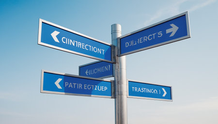 3D rendering of directional signpost with arrows pointing in different directionsの素材