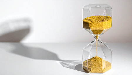 Hourglass with golden sand on white background. Concept of time passing.の素材