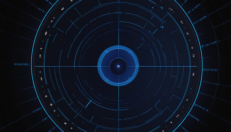 Futuristic blue radar screen on dark background. 3D renderingの素材