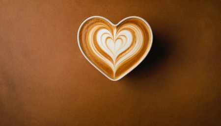 Coffee cup with latte art on brown background. Top view.の素材