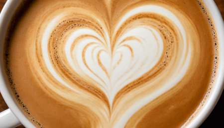 cup of latte art coffee on wooden table background, top viewの素材
