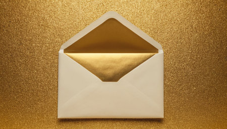 Envelope on a gold background. Top view. Copy space.の素材