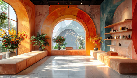 Interior of a cafe with orange walls. 3d rendering.の素材