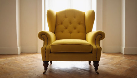 Yellow vintage armchair in the interior of a room with a windowの素材