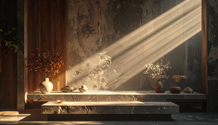 3D rendering of a bathroom interior with a marble bench and a vaseの素材