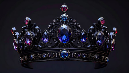 Crown with gems isolated on black background. 3d rendering.の素材