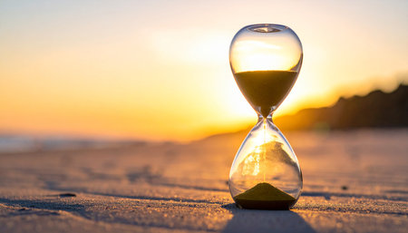 Hourglass on the beach at sunset time. Concept of time managementの素材