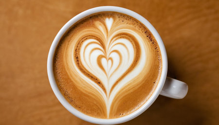 Hot latte art coffee in white cup on wooden table, stock photoの素材
