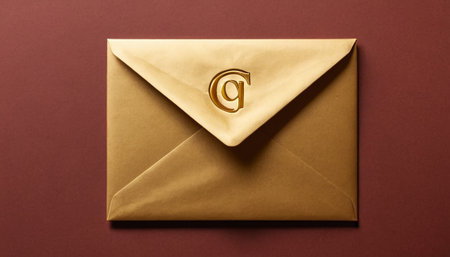 Envelope with email symbol on red background, top view.の素材