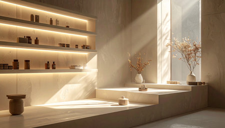 3d render interior of modern bathroom with bathtub and shelves for cosmeticsの素材