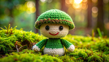 Cute crochet doll on green moss in the forest. Soft focus.の素材