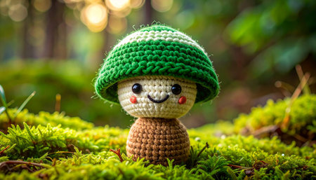 Cute crochet snowman with green hat on green moss in forestの素材