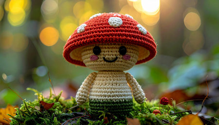 Handmade crochet doll on moss in the forest with bokeh backgroundの素材