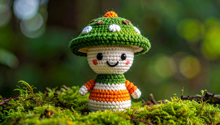 Handmade crochet snowman on green moss in the forest. Selective focus.の素材