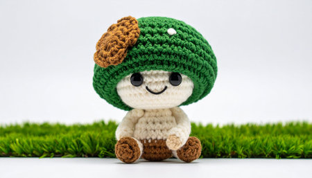 Cute crocheted doll with green grass on white background.の素材