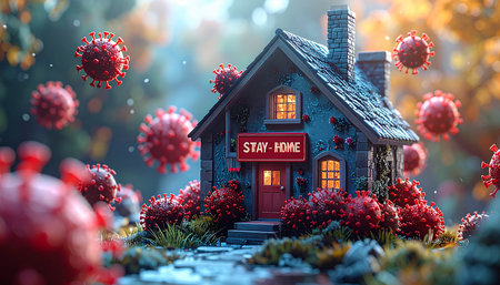 House in the forest against the background of the virus. 3d renderingの素材
