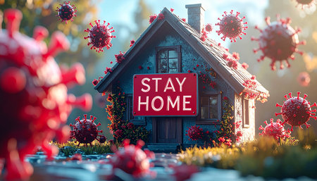 Stay home concept. House with text stay at home. 3d renderingの素材