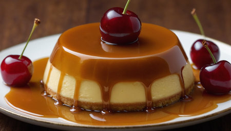 Creamy caramel flan with cherries on a wooden backgroundの素材