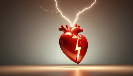 Heart with lightning. 3D illustration. Heart on a dark background.の素材