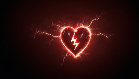 Red heart with lightning on dark background. 3D rendering illustration.の素材