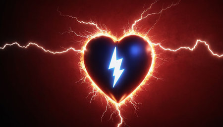Lightning strike in heart shape on dark background. 3D renderingの素材