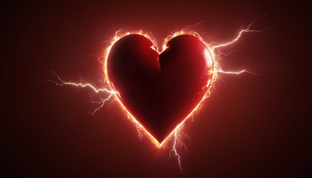 Red heart with lightning on a dark background. 3d rendering.の素材