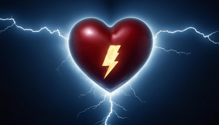Heart with lightning on dark blue background. 3D rendering illustration.の素材