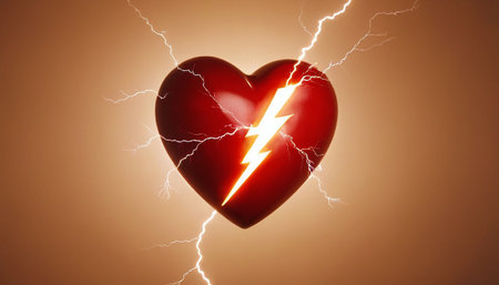 Red heart with lightning on a orange background. 3d rendering.の素材