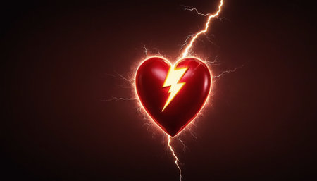 Red heart with lightning on dark background. 3D rendering illustration.の素材
