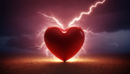 Red heart on a dark background with lightning, 3d rendering.の素材