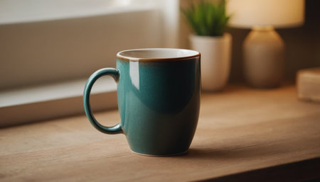 Coffee cup on wooden table in coffee shop, stock photoの素材