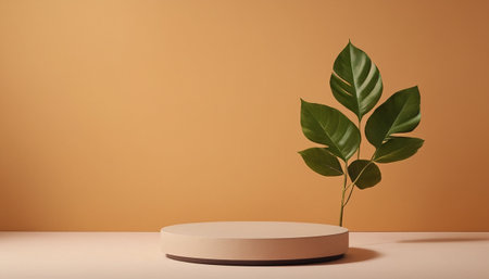 3d render of podium for product presentation with green leaves. Minimal style.の素材