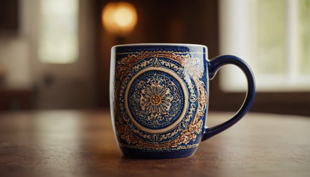 Blue ceramic cup on a wooden table in front of a window.の素材