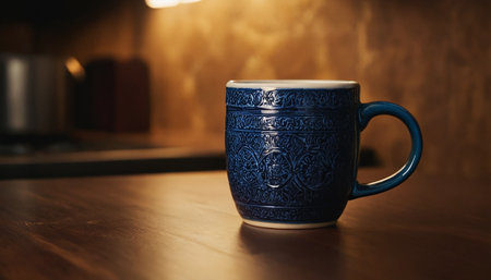 Blue cup of coffee on a wooden table in the kitchen at homeの素材